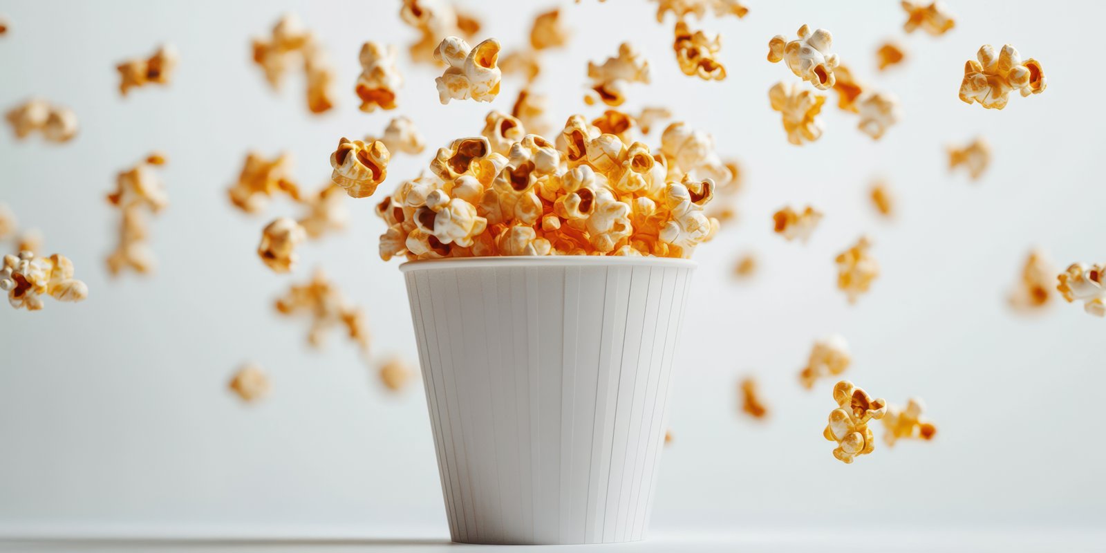 Delicious popcorn flies from a white container in a fun and playful kitchen setting